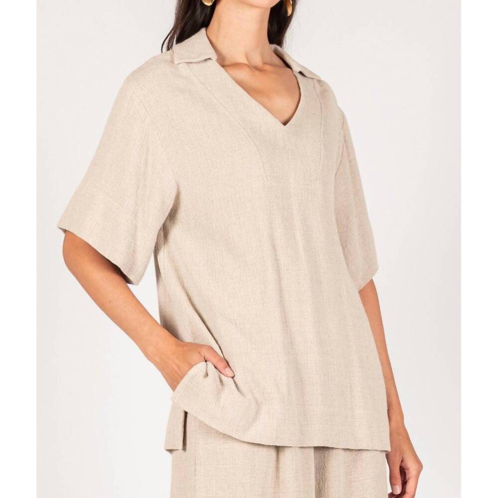 NEW P.CILL linen collared v-neck top in stone